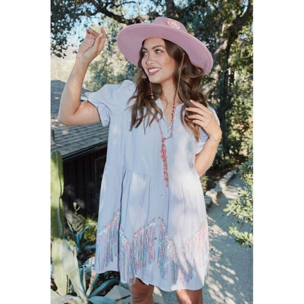 Fantastic Fawn Call Me Pretty Fringe Chevron Babydoll Dress in Lavender IFD54214 - Picture 13 of 14